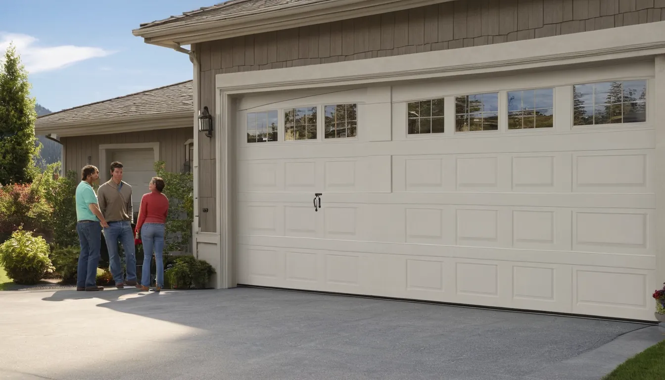 A local provider inspecting a garage door track at a North Salt Lake home while a homeowner looks on