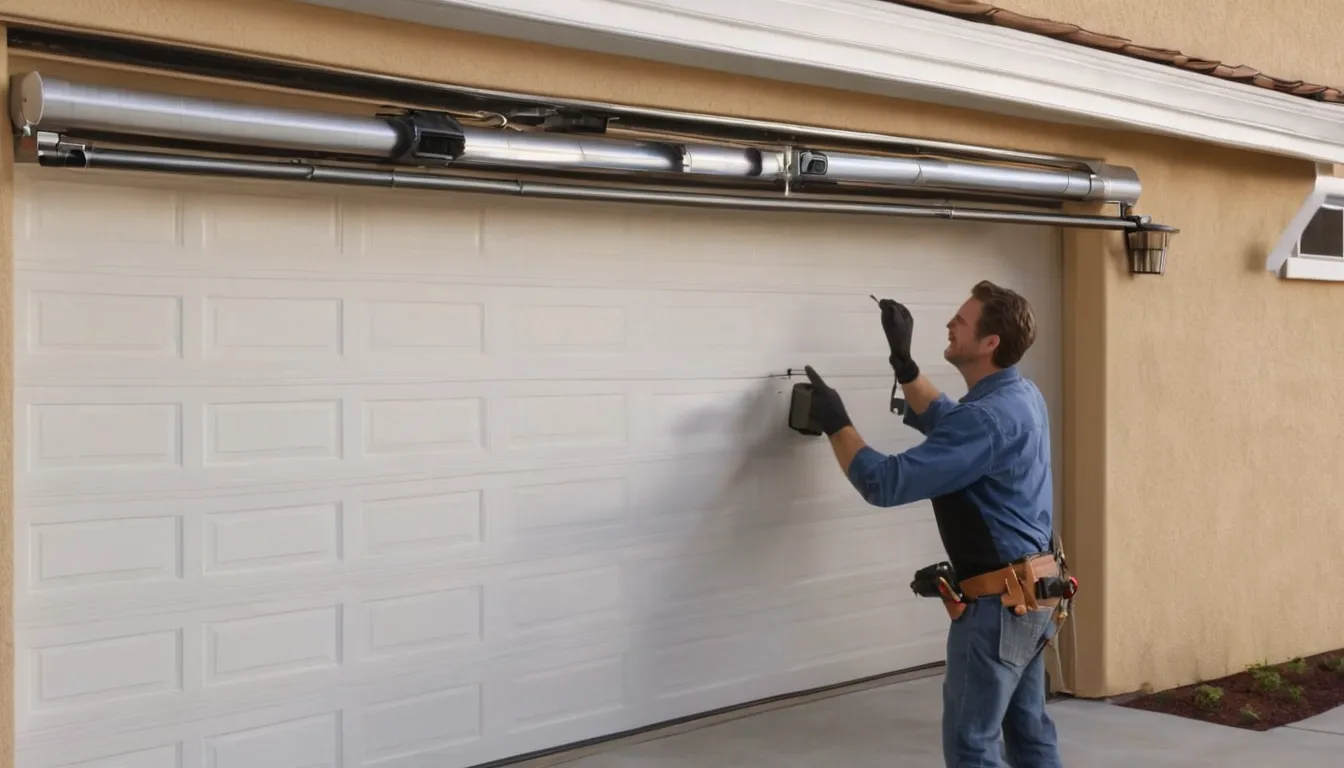 Independent garage door provider checking a torsion spring above a residential garage door in the North Salt Lake area