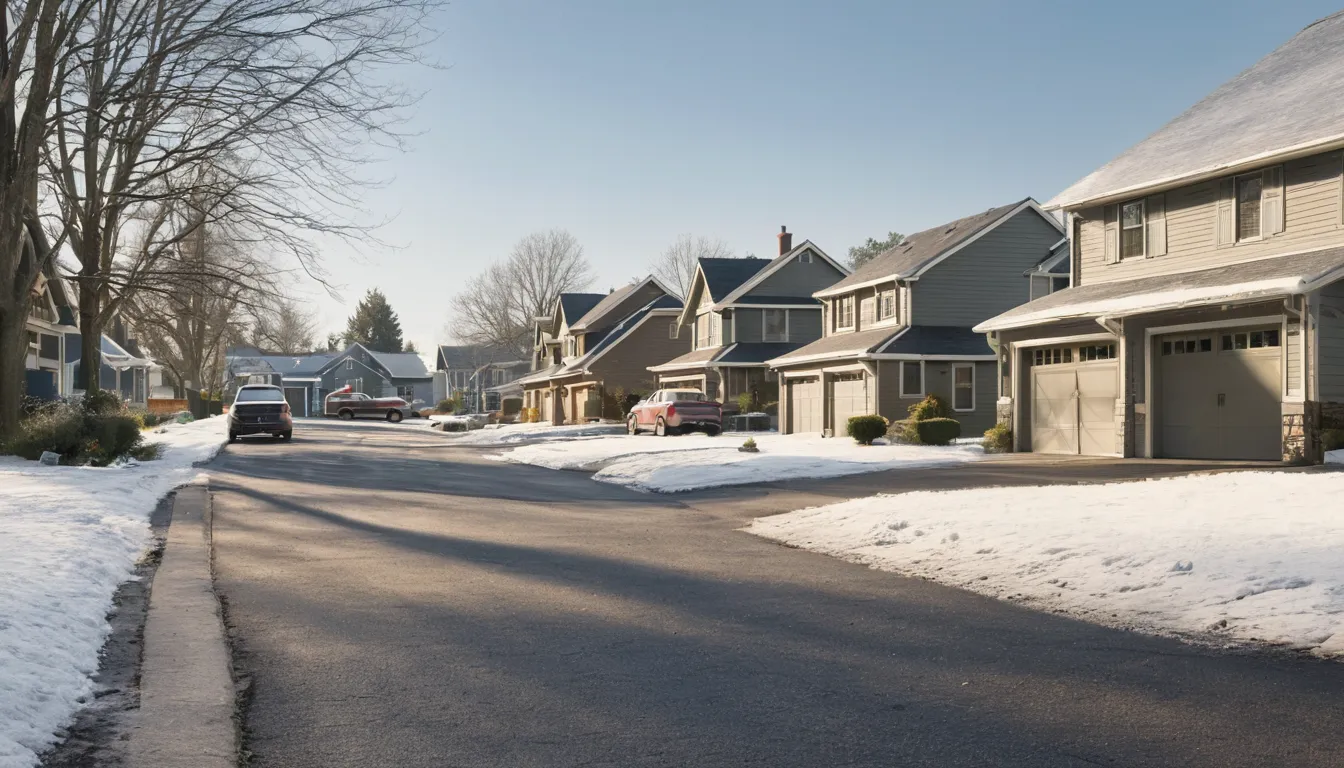 A residential street in North Salt Lake with closed garage doors and mountain light